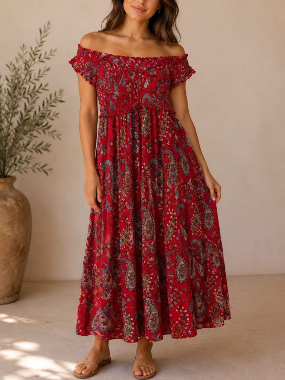 Patrons of Peace Red Floral Paisley Off-the-Shoulder Maxi Dress | Small